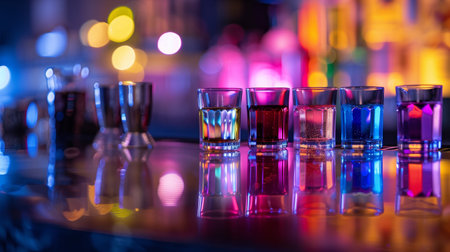 set of small colorful shooters cocktails on bar counter in nightclub, alcohol drink shots in a row, nightlife and party concept. High quality photoの素材