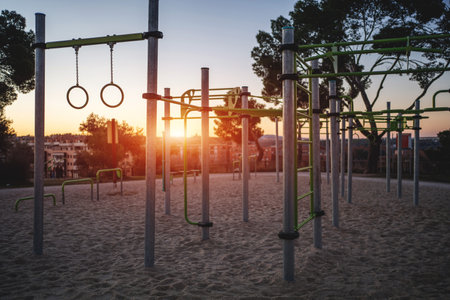 street fitness park for workout and calisthenics area, sport equipment with bars for push and pull ups, healthy lifestyle conceptの写真素材