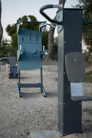 street fitness park for workout and calisthenics area, sport equipment and exercise machines, healthy lifestyle conceptの写真素材