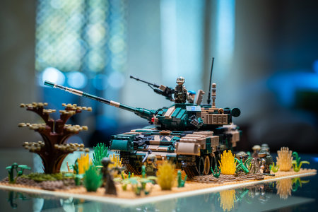 plastic toy model of modern Russian armored battle tank T-90 of RF military force, building block construction set. High quality photoの写真素材