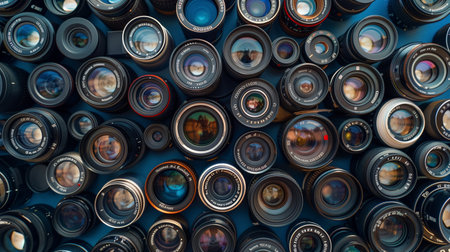photography camera lenses pattern, collection of video and photo equipment set, technology background. High quality photoの素材