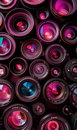photography camera lenses pattern, collection of video and photo equipment set, technology background. High quality photoの素材