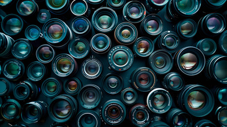 photography camera lenses pattern, collection of video and photo equipment set, technology background. High quality photoの素材