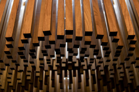 modern design of wooden ceiling with illuminationの写真素材