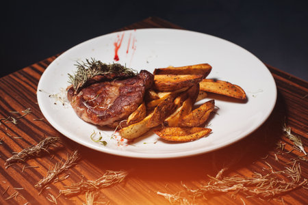 beef steak with fried potato in plate on wooden tableの写真素材