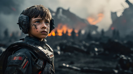 little soldier kid on ruined city background, young boy warrior in demolished building at war. High quality photoの素材