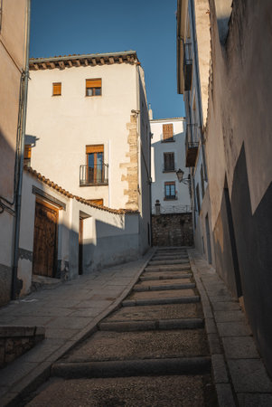 ancient stairs with pavement of old cozy European town, Cuenca, Spainの写真素材