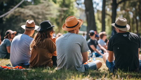 friends enjoying sunny afternoon at music festival in lush park, sitting on grass and talking. High quality photoの素材