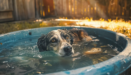 dog suffering from heat wave with extreme hot weather and temperature, animal cooling down in pool water at summer, global warming and climate change impact on pets concept. High quality photoの素材