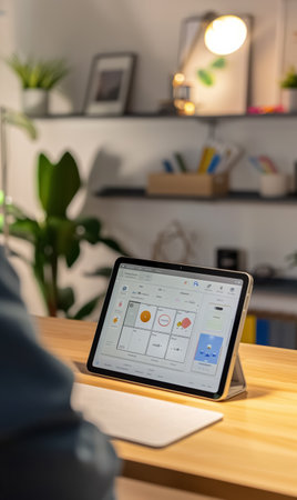 person using digital tablet at cozy home interior closeup, freelance and remote job concept, browsing internet. High quality photoの素材