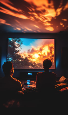 back view of happy couple watching movie at home cinema at evening, man and woman watch TV at cozy living room, family spend time together. High quality photoの素材