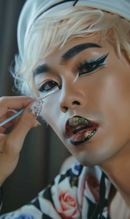 feminine transgender gay man applying red lipstick on lips, homosexual queer male makeup cosmetics, lgbt self-expression. High quality photoの素材