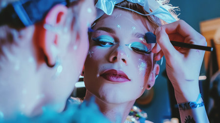 feminine transgender gay man applying red lipstick on lips, homosexual queer male makeup cosmetics, lgbt self-expression. High quality photoの素材