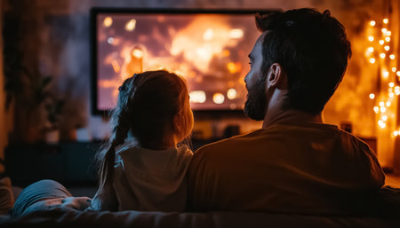 happy father and daughter watching movie at home cinema at evening, man and small girl watch TV at cozy living room, family spend time together, love of parents and kids. High quality photoの素材