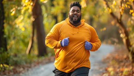 obese fat man running at city street in park, weight loss and healthy fitness life concept. High quality photoの素材