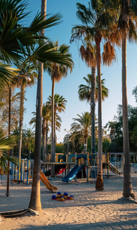 empty children playground at park with palm trees at evening. High quality photoの素材
