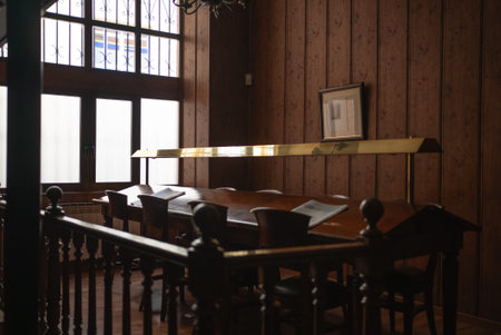 retro vintage wooden room of public library for reading newspapers, press and books