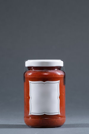 glass jar with red tomato or hot adjika pepper sauce with empty label mockup on isolated grey background, studio shotの写真素材
