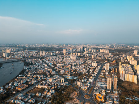 beautiful sunset over residential areas of Ho Chi Minh city, Vietnam aerial drone viewの写真素材