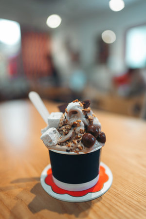 frozen yogurt in cup with chocolate nuts marshmallows toppings, stylish deliciousness and sweet...