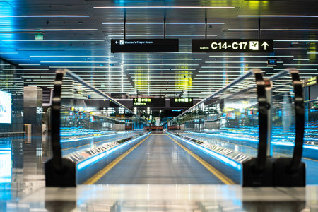 Modern Airport Moving Walkway with Illuminated Glass Railings, Efficient Terminal Conveyor System...