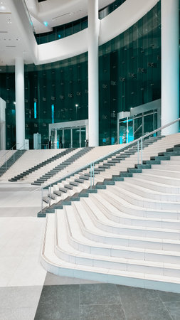 modern stairs and exit with sleek design and open space, contemporary stairway and entrance with elegant architecture and bright flow, QSNCC, Bangkokの写真素材