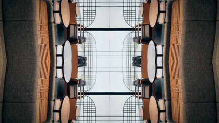 futuristic technology background with digital mirrored and symmetry patterns and cyber glow, innovative tech backdrop with tunnel and warp virtual network design and electronic lightの写真素材