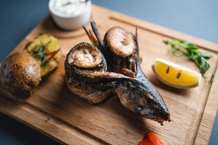 closeup of roasted mackerel fish with lemon, potato and sauce on wooden board