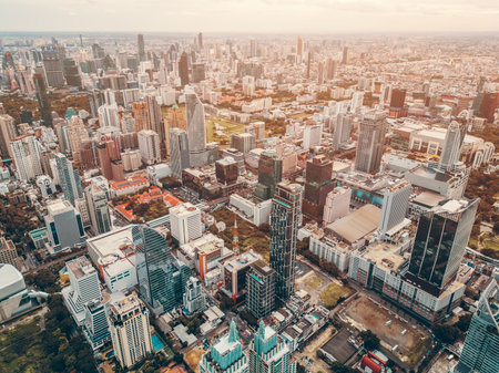 modern Bangkok city with skyscrapers of financial downtown district aerial view, drone view of bustling capital of Thailandの写真素材