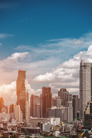 panorama of Bangkok city skyline with tall skyscrapers, scenic cityscape of bustling Thailand...
