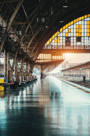vintage Hua Lamphong railroad station with classic retro trains in Bangkok, historic old-fashioned Thai railway hub featuring retro travel ambianceの写真素材