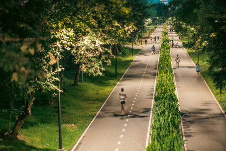 skyscrapers of night Bangkok city with Benchakitti park tracks, illuminated pathways and walkways with people walking and jogging, harmony of bustling city and natureの写真素材
