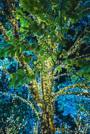 tropical tree with festive LED garland lights at night, branches wrapped in glowing holiday neon...