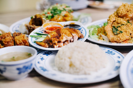 Hainanese chicken rice with other dishesの写真素材