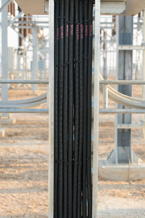 Cable bunch at substation. Electrical wires.