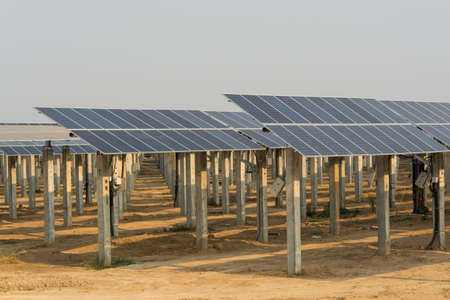 Solar panel support in solar farmの写真素材