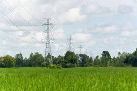 High voltage electricity post with equipment on fieldの写真素材