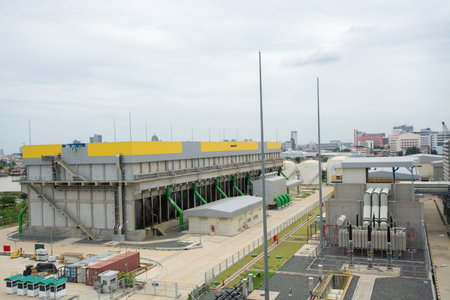 Nonthaburi, Thailand - July 15 2017 : Water cooling tower in power plant
