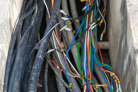 Cable bunch at substation. Electrical wires.の写真素材
