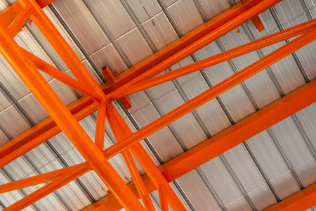 Steel truss structure of building at construction site