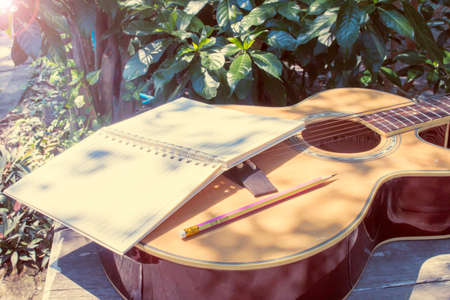 Acoustic guitar in gardenの写真素材