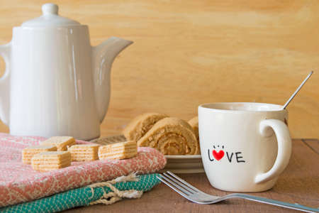 Breakfast in the morning with wooden backgroundの写真素材