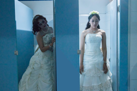 Beautiful bride with Bride of the Dead,Horror Background For Halloween Concept