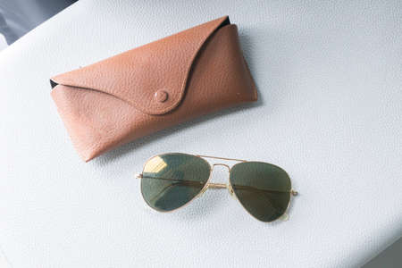 Top view sunglasses with lether bagの写真素材