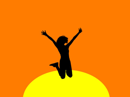 Happy girl jumping on sunsetの写真素材