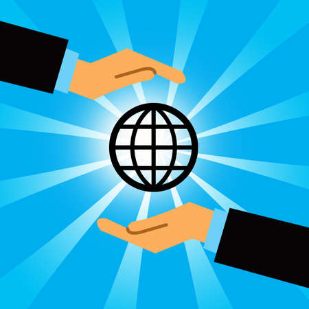 globe on hand icon on blue backgroundの写真素材