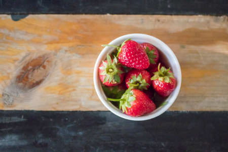 red strawberry in cup,top viewの写真素材