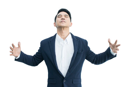 business man presents with their hands