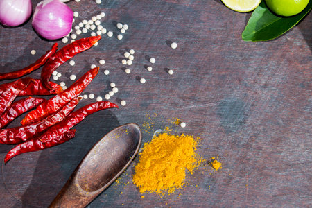 Raw vegetables and spices on the wood table
