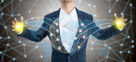Businessman holding global network,Media worldwide technology conceptの写真素材